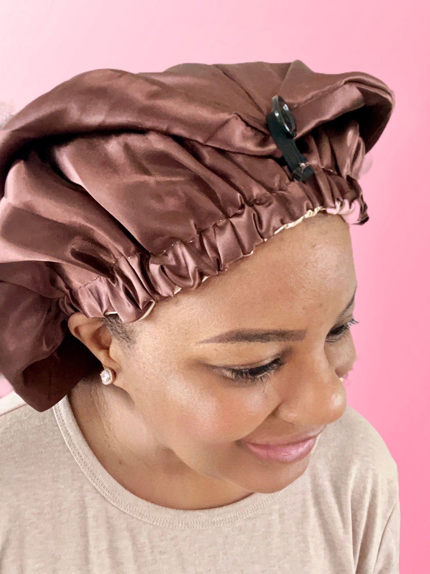 Neutral Reversible Extra Long Double Satin Lined Bonnet with Top Button