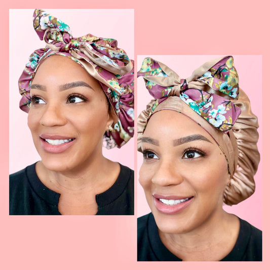 Reversible Floral Lightweight Satin Double Lined Bow-Tie Bonnet