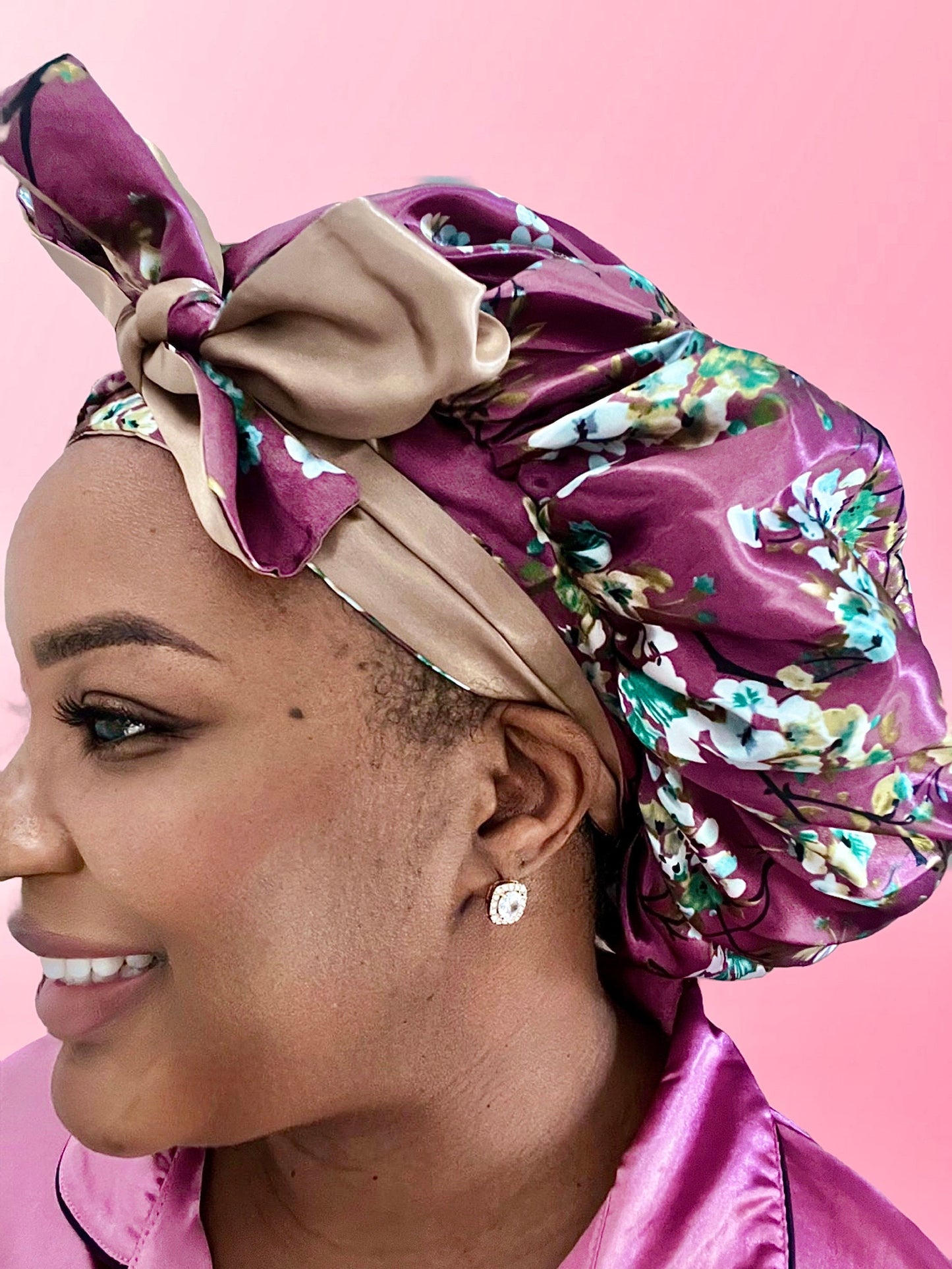 Reversible Floral Lightweight Satin Double Lined Bow-Tie Bonnet