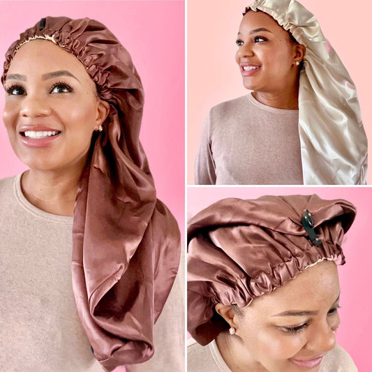 Neutral Reversible Extra Long Double Satin Lined Bonnet with Top Button